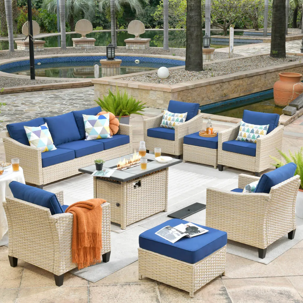 Ovios Athena Series Outdoor Patio Furniture Set 8-Piece with 42'' Rectangle Propane Fire Pit Table