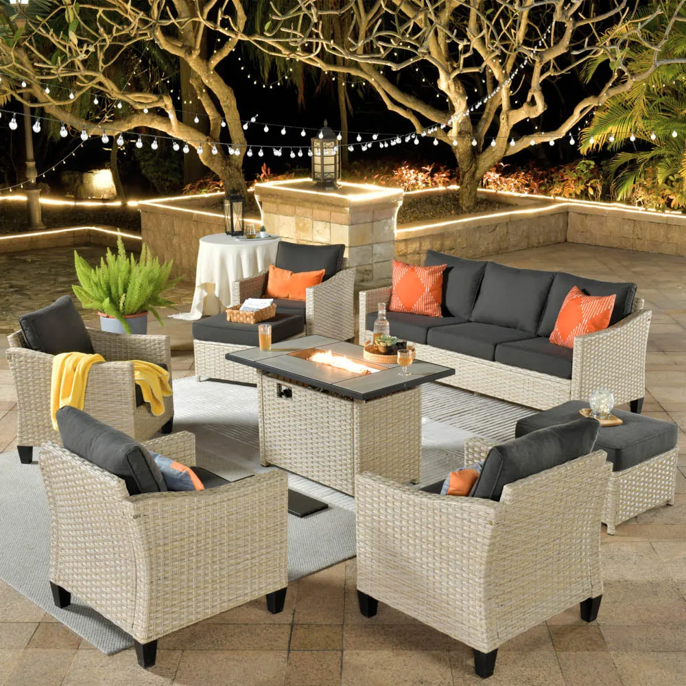 Ovios Athena Series Outdoor Patio Furniture Set 8-Piece with 42'' Rectangle Propane Fire Pit Table