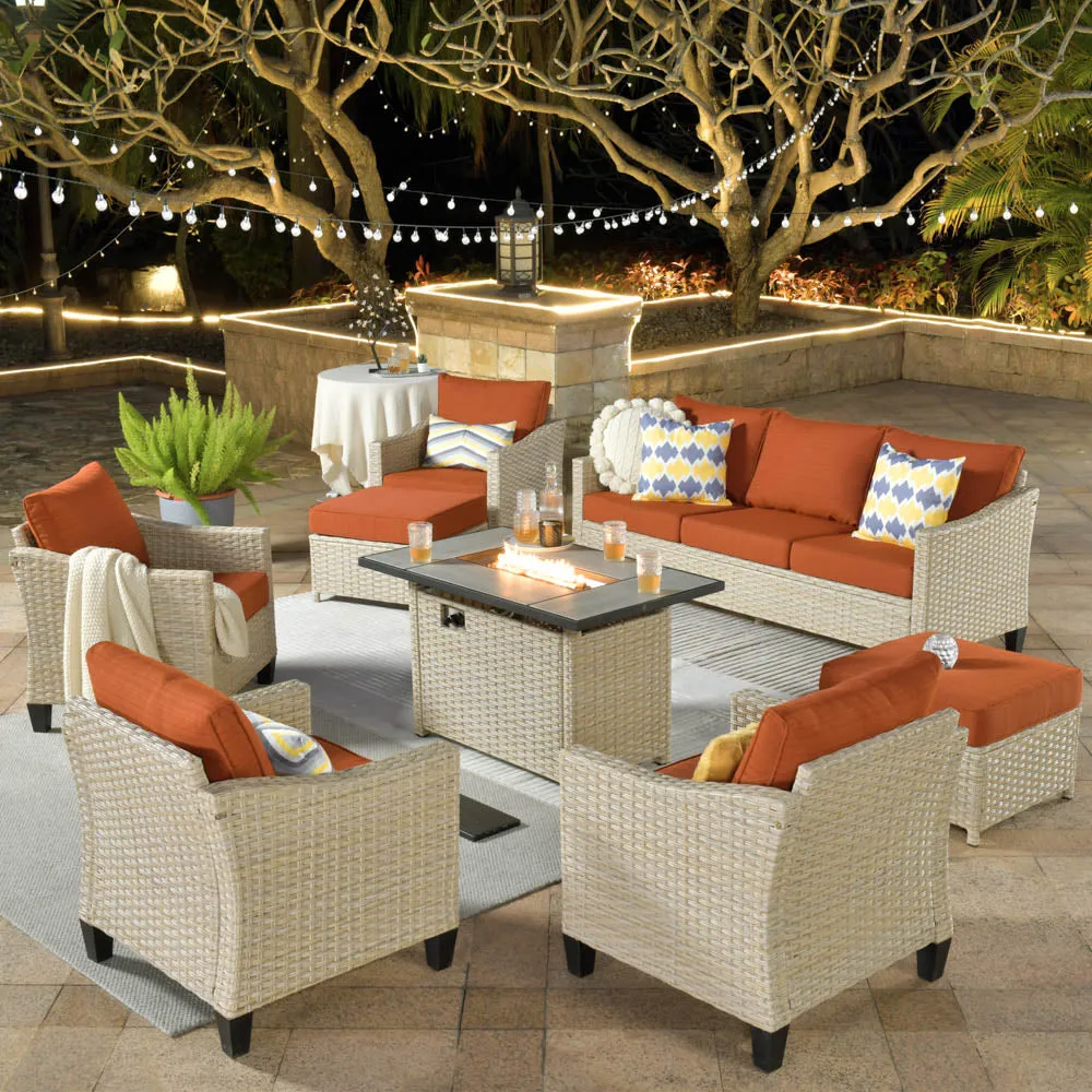 Ovios Athena Series Outdoor Patio Furniture Set 8-Piece with 42'' Rectangle Propane Fire Pit Table