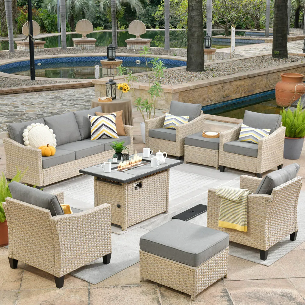 Ovios Athena Series Outdoor Patio Furniture Set 8-Piece with 42'' Rectangle Propane Fire Pit Table