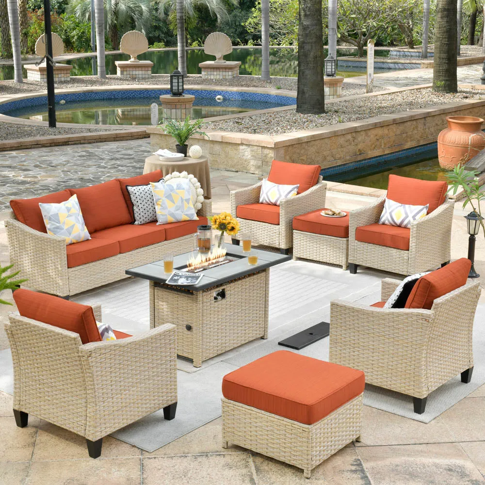 Ovios Athena Series Outdoor Patio Furniture Set 8-Piece with 42'' Rectangle Propane Fire Pit Table