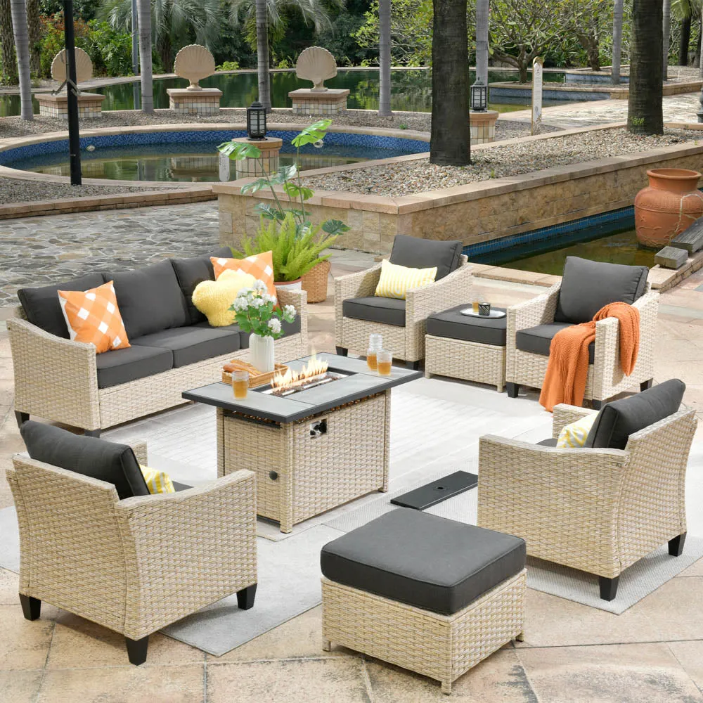 Ovios Athena Series Outdoor Patio Furniture Set 8-Piece with 42'' Rectangle Propane Fire Pit Table