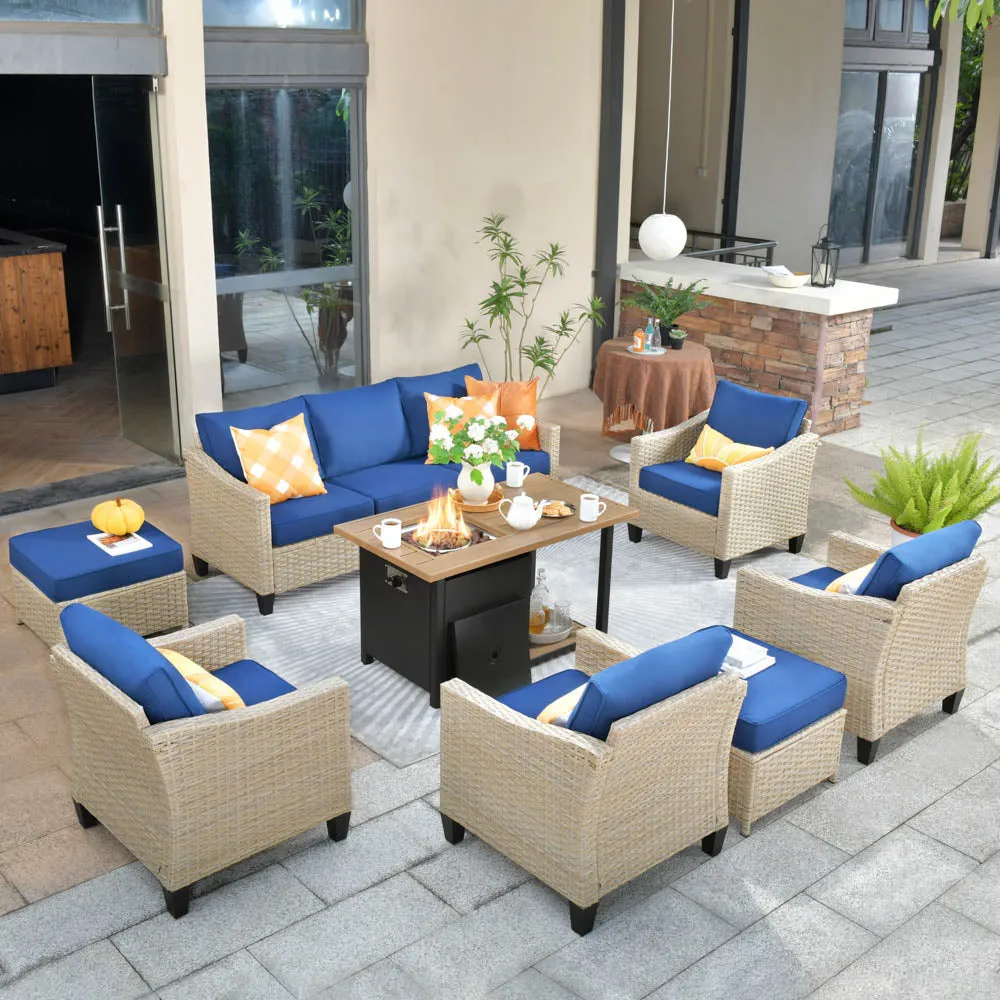 Ovios Athena Series Outdoor Patio Furniture Set 8-Piece with 46'' Double Layer Rectangle Fire Pit Table