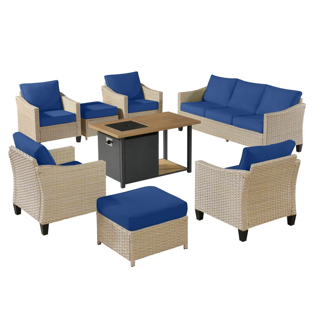 Ovios Athena Series Outdoor Patio Furniture Set 8-Piece with 46'' Double Layer Rectangle Fire Pit Table