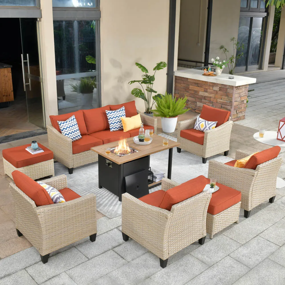 Ovios Athena Series Outdoor Patio Furniture Set 8-Piece with 46'' Double Layer Rectangle Fire Pit Table