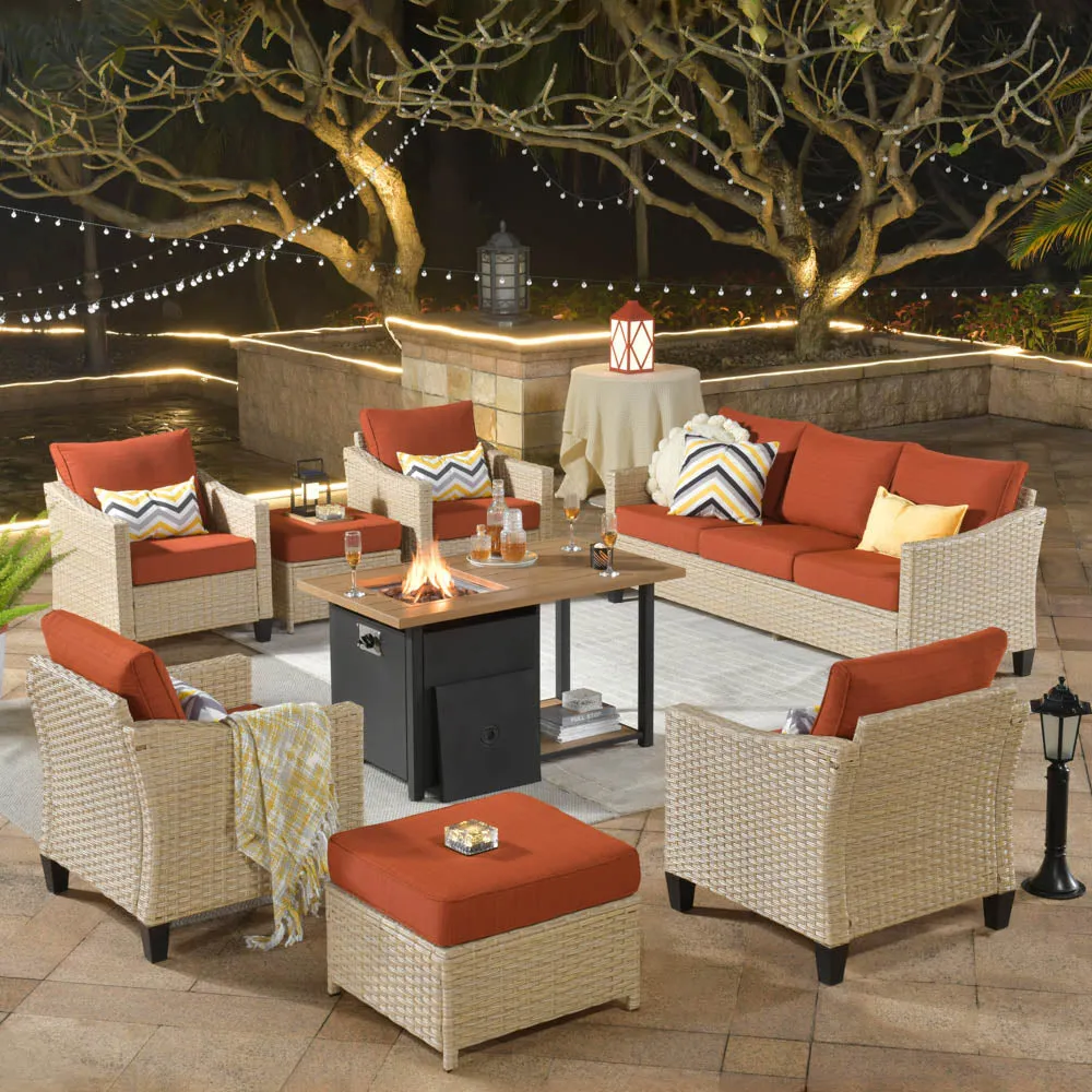 Ovios Athena Series Outdoor Patio Furniture Set 8-Piece with 46'' Double Layer Rectangle Fire Pit Table