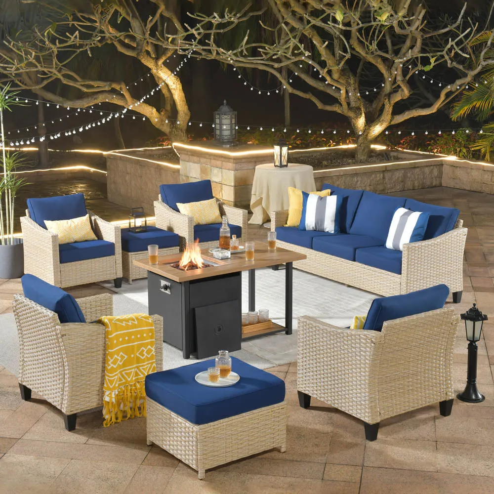 Ovios Athena Series Outdoor Patio Furniture Set 8-Piece with 46'' Double Layer Rectangle Fire Pit Table