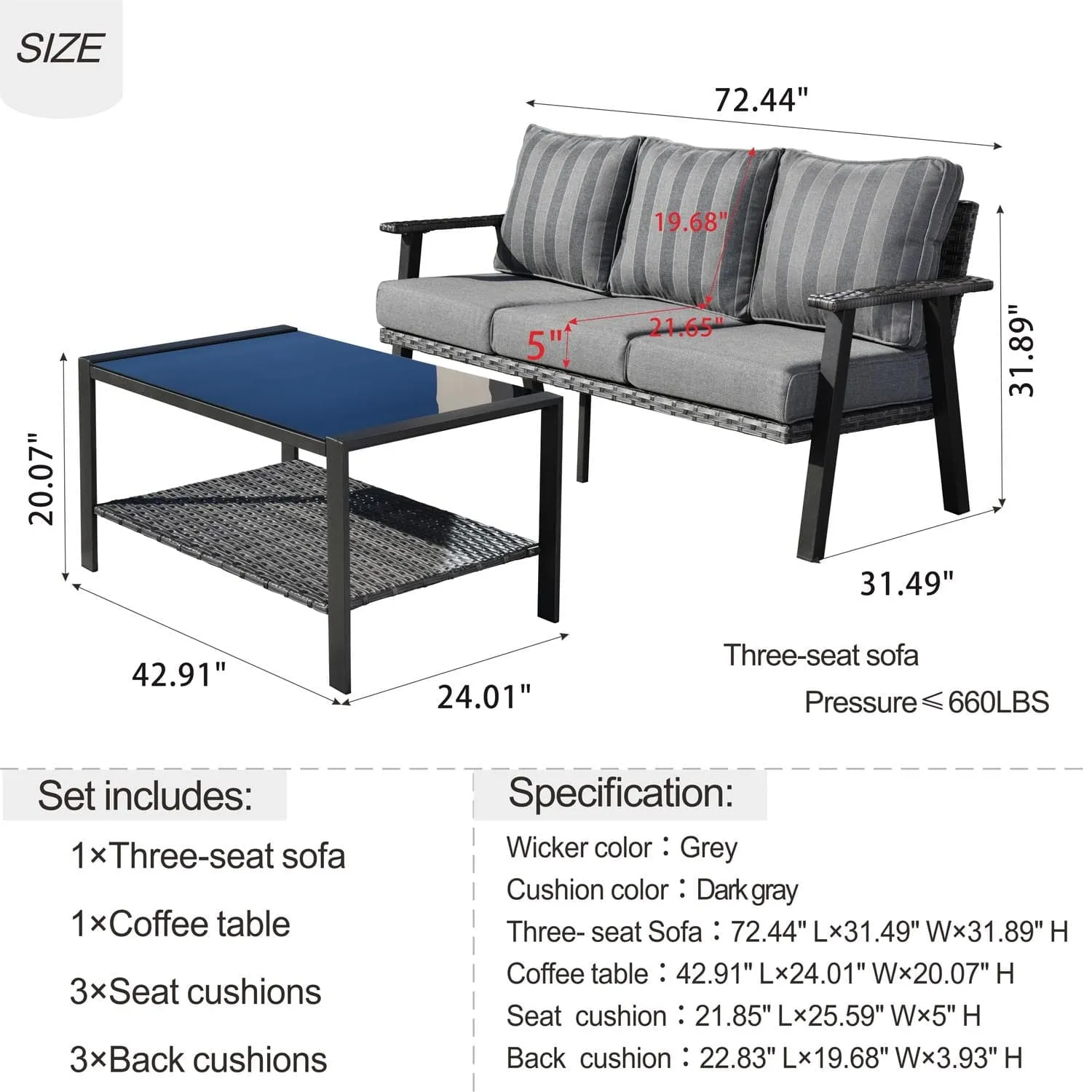 Ovios Outdoor Bistro Set with 5'' Cushion Couch and Table, Olefin Fabric