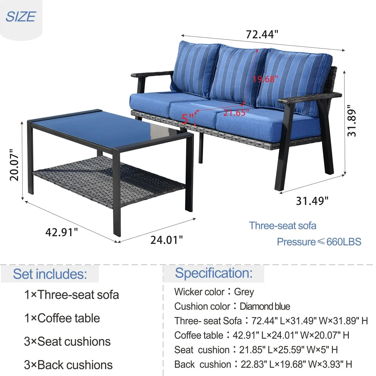 Ovios Outdoor Bistro Set with 5'' Cushion Couch and Table, Olefin Fabric