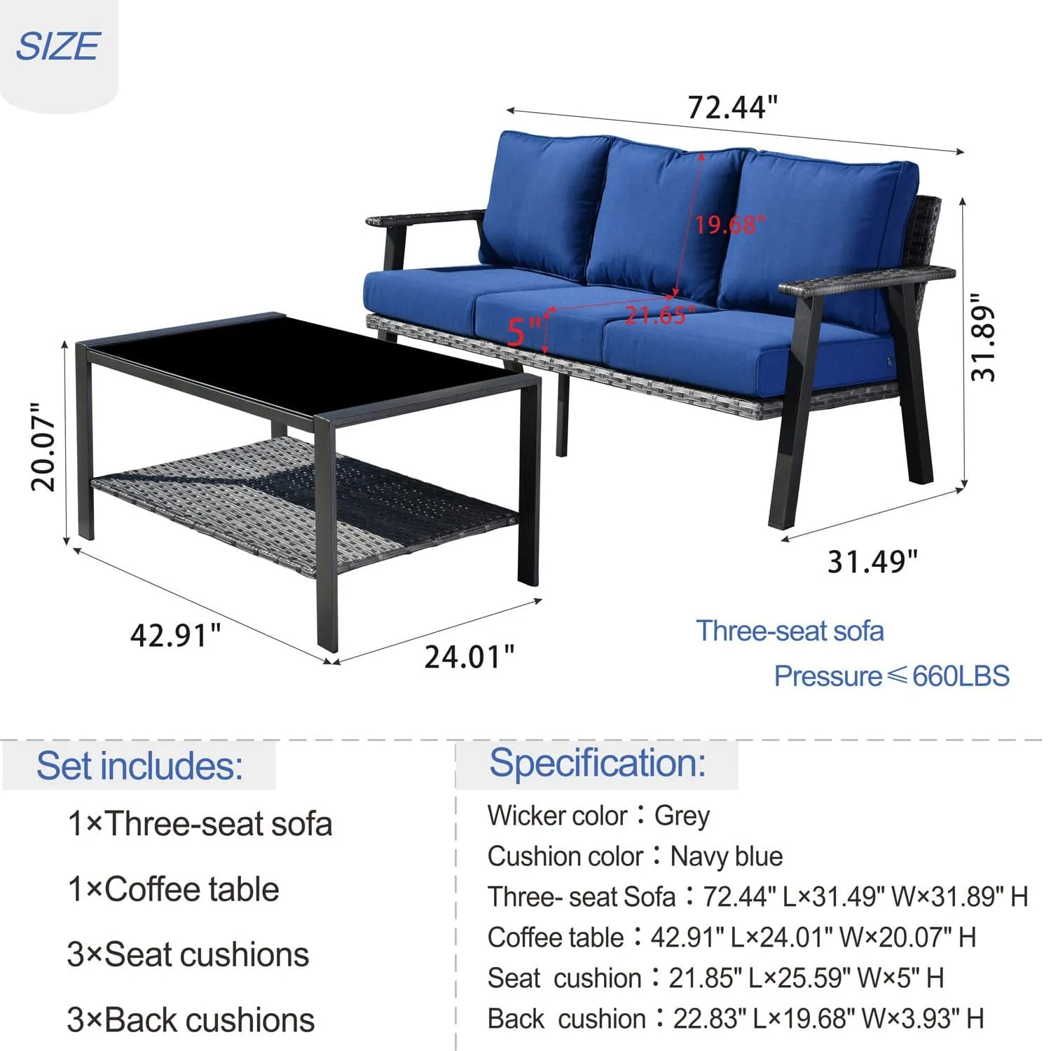 Ovios Outdoor Bistro Set with 5'' Cushion Couch and Table, Olefin Fabric