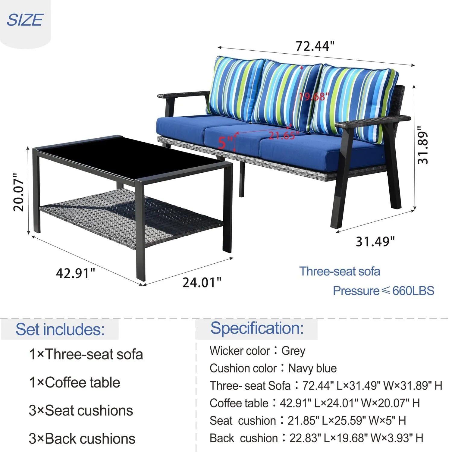 Ovios Outdoor Bistro Set with 5'' Cushion Couch and Table, Olefin Fabric