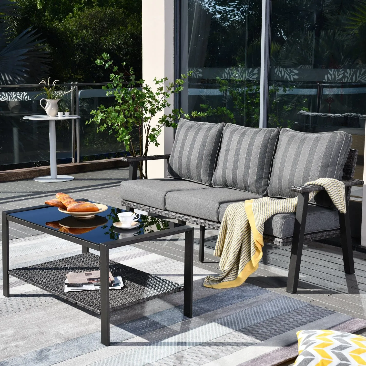 Ovios Outdoor Bistro Set with 5'' Cushion Couch and Table, Olefin Fabric