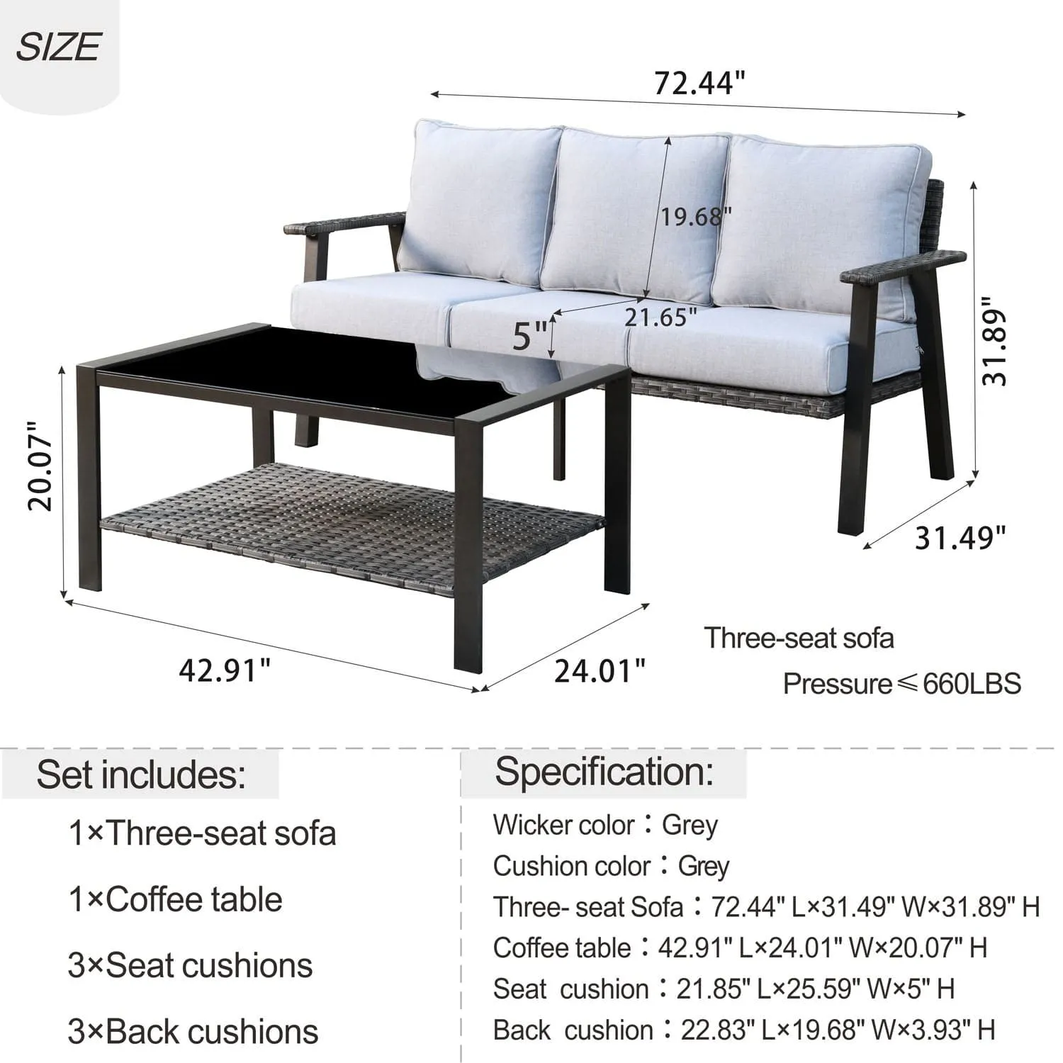 Ovios Outdoor Bistro Set with 5'' Cushion Couch and Table, Olefin Fabric