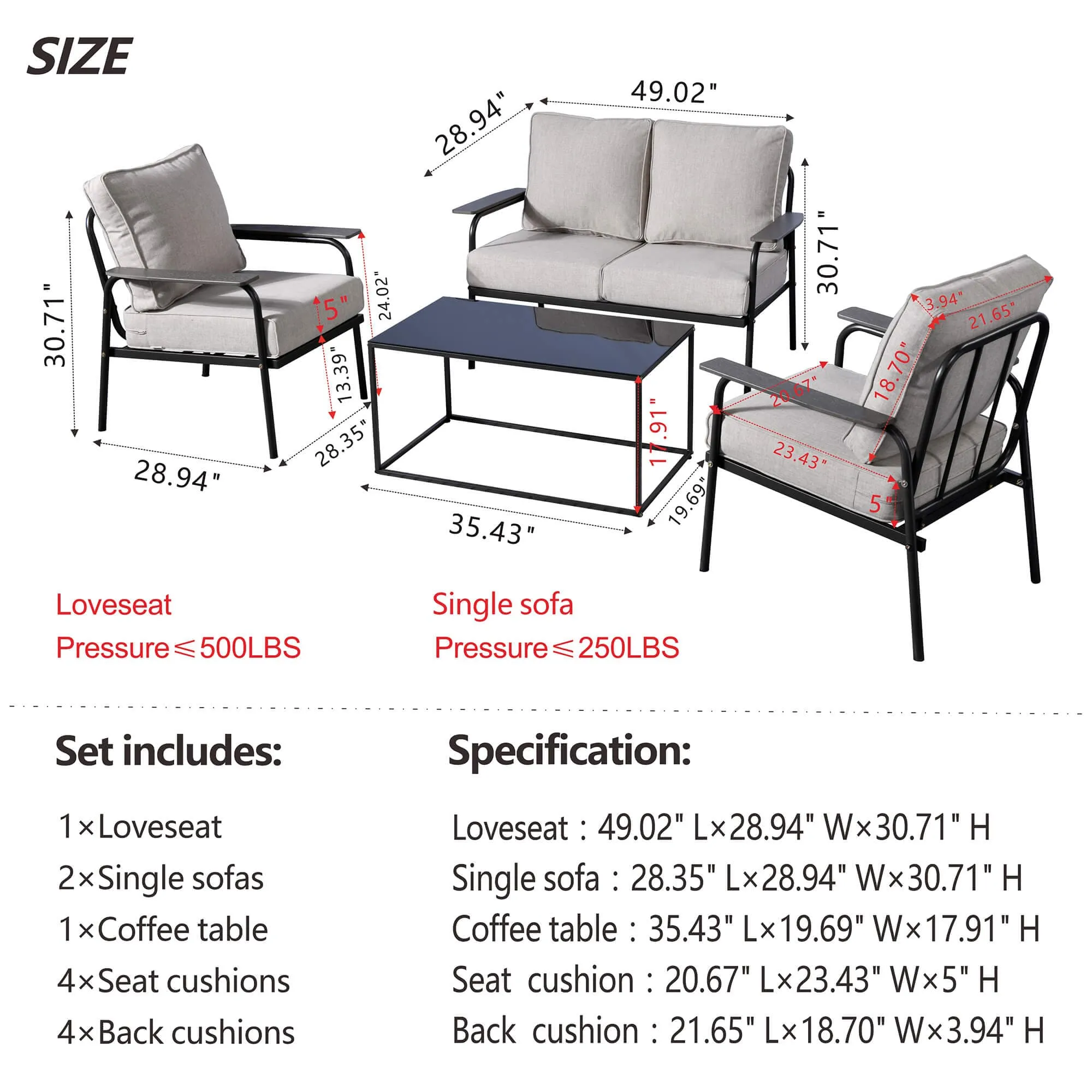 Ovios Outdoor Bistro Table Set 4 Piece with 5'' Cushion, Olefin Fabric