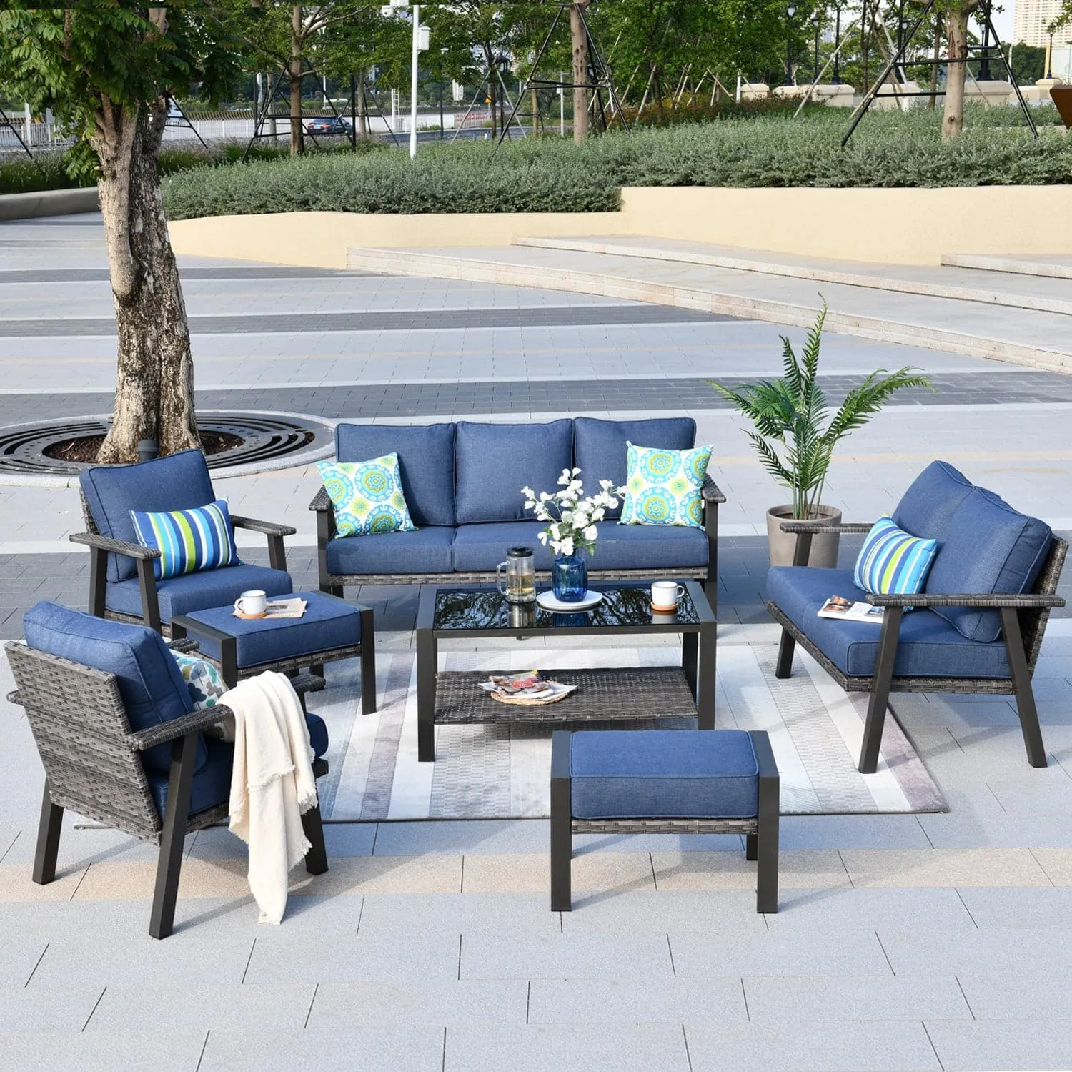 Ovios Outdoor furniture 7 Piece with Table and 2 Ottomans, 5''Cushion, Olefin Fabric