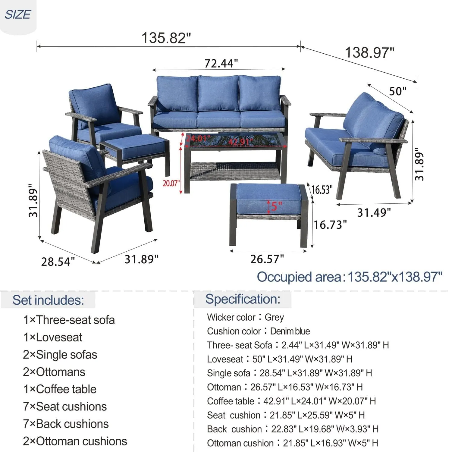 Ovios Outdoor furniture 7 Piece with Table and 2 Ottomans, 5''Cushion, Olefin Fabric