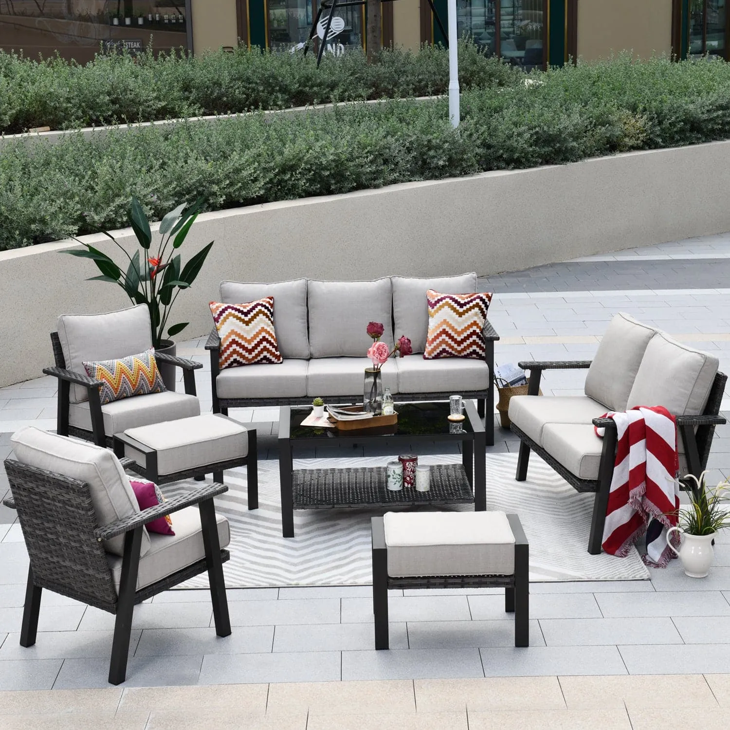 Ovios Outdoor furniture 7 Piece with Table and 2 Ottomans, 5''Cushion, Olefin Fabric