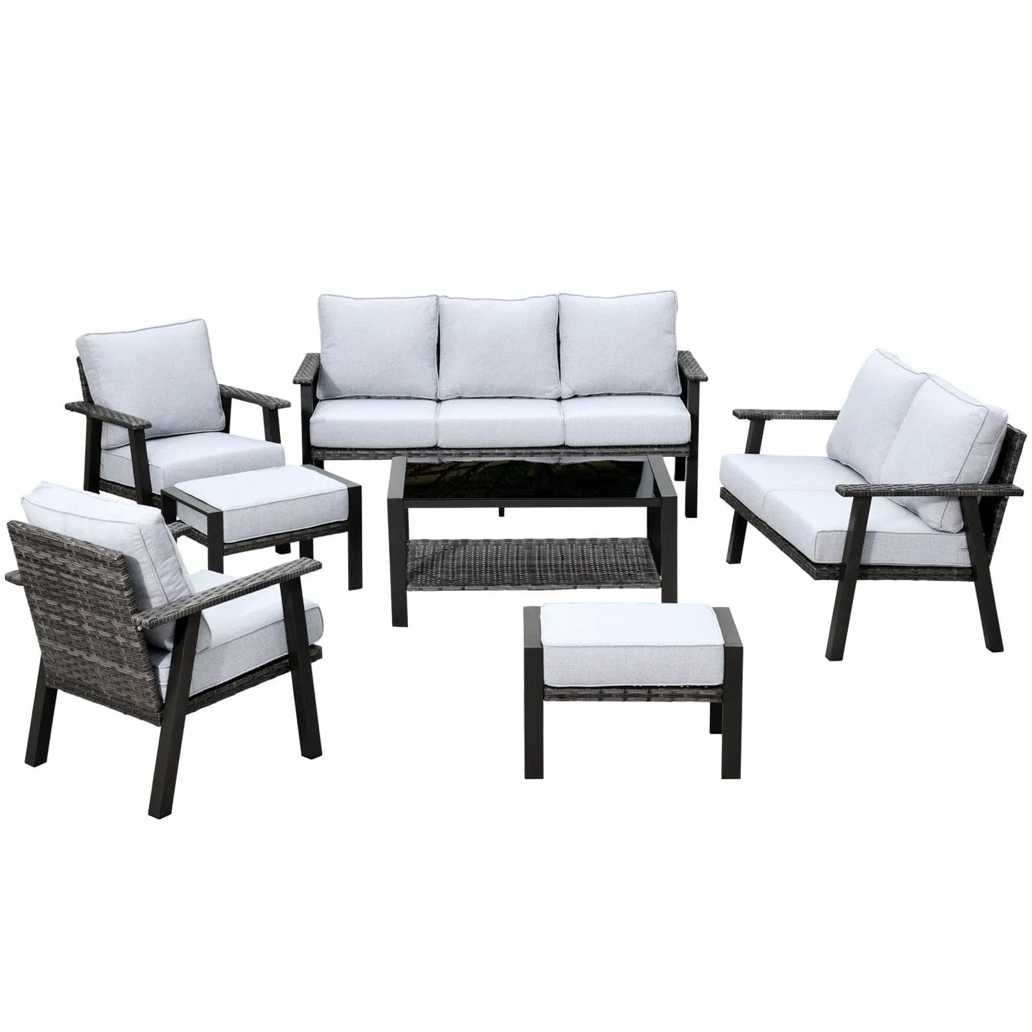 Ovios Outdoor furniture 7 Piece with Table and 2 Ottomans, 5''Cushion, Olefin Fabric