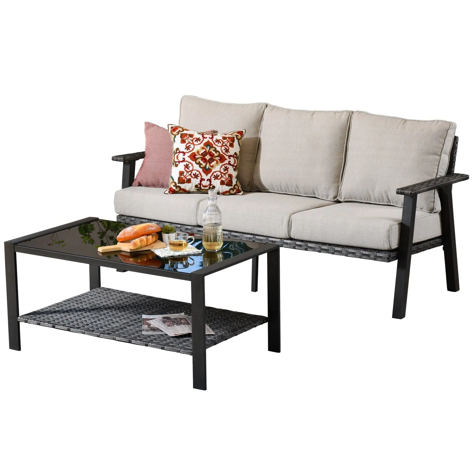 Ovios Outdoor furniture 7 Piece with Table and 2 Ottomans, 5''Cushion, Olefin Fabric