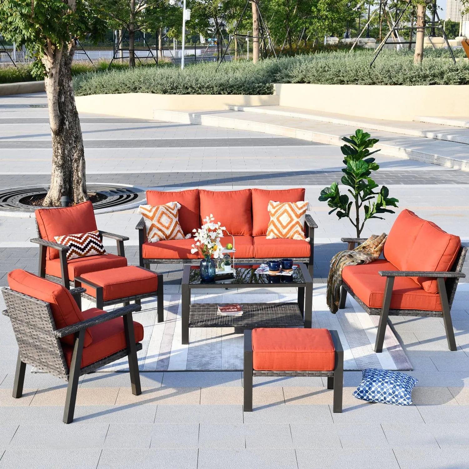 Ovios Outdoor furniture 7 Piece with Table and 2 Ottomans, 5''Cushion, Olefin Fabric