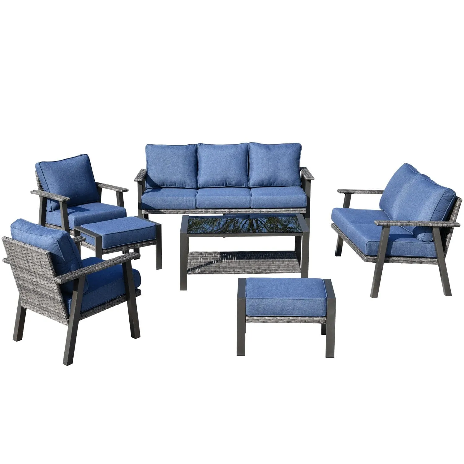 Ovios Outdoor furniture 7 Piece with Table and 2 Ottomans, 5''Cushion, Olefin Fabric