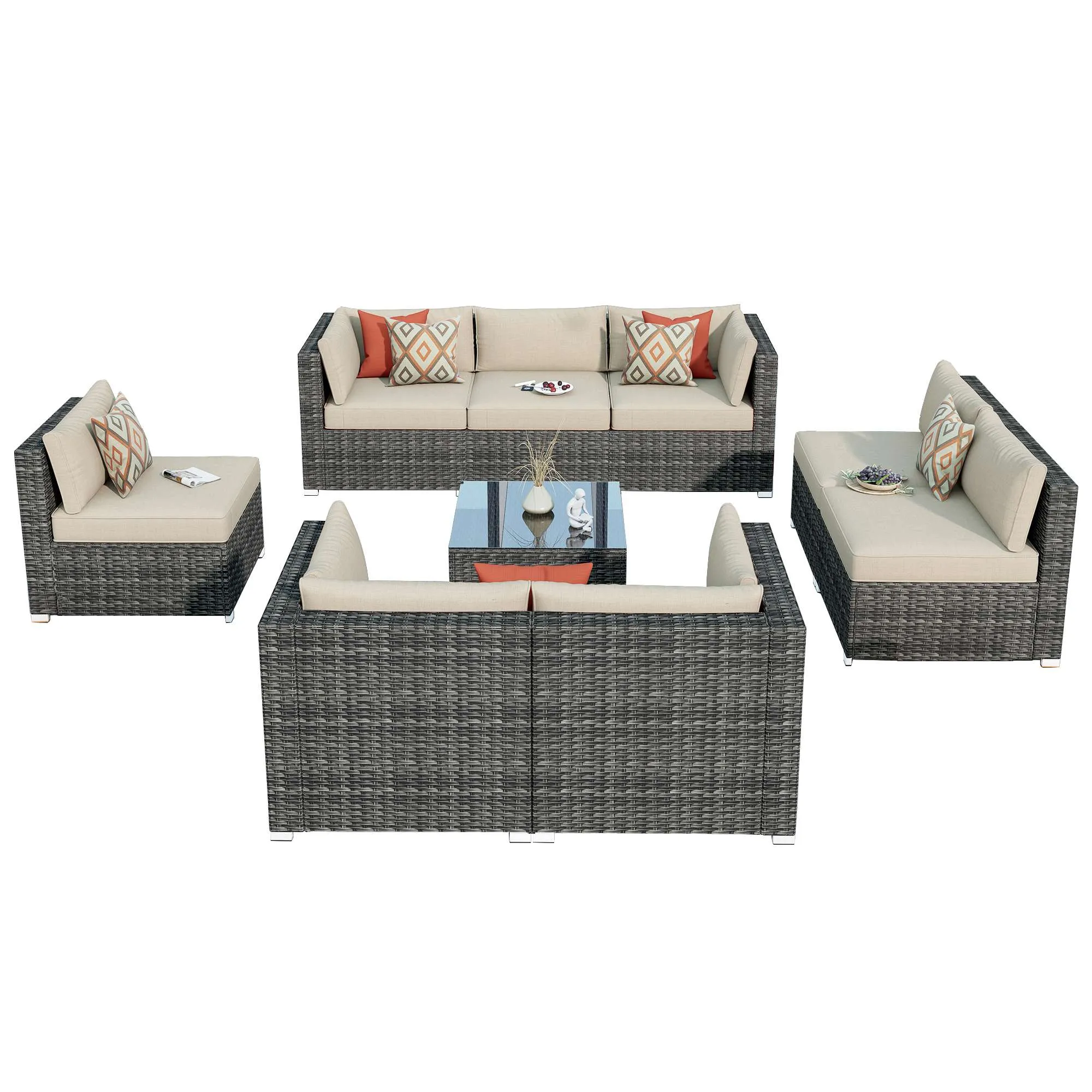 Ovios Outdoor Sectional Furniture 9-Piece with Cushions and Table