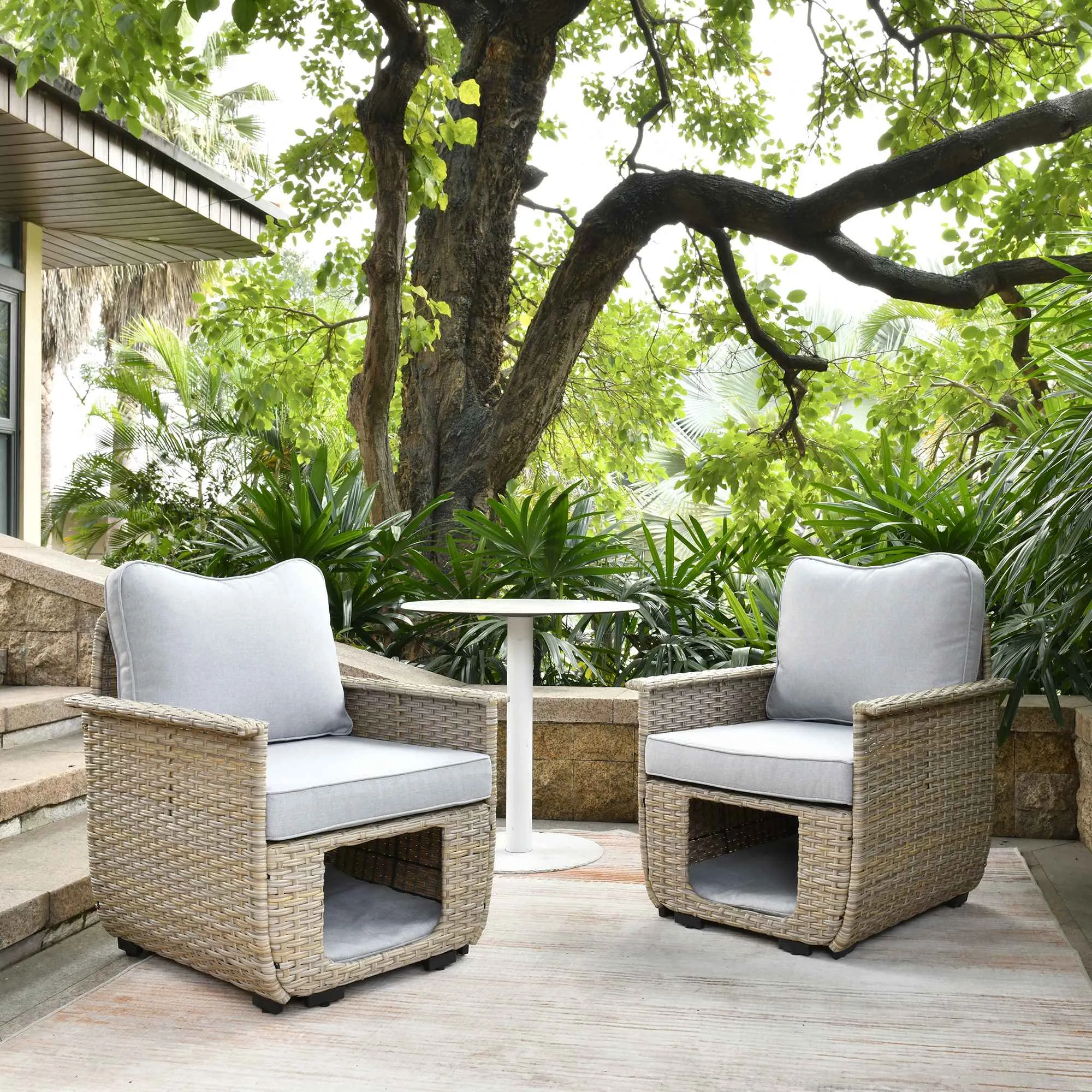 Ovios Patio Chairs Beige Wicker 2 Pieces with Multifunctional Storage