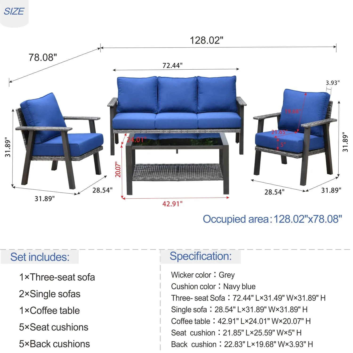 Ovios Patio Conversation Set 5 Person Seating with Table, 5'' Cushion, Olefin Fabric