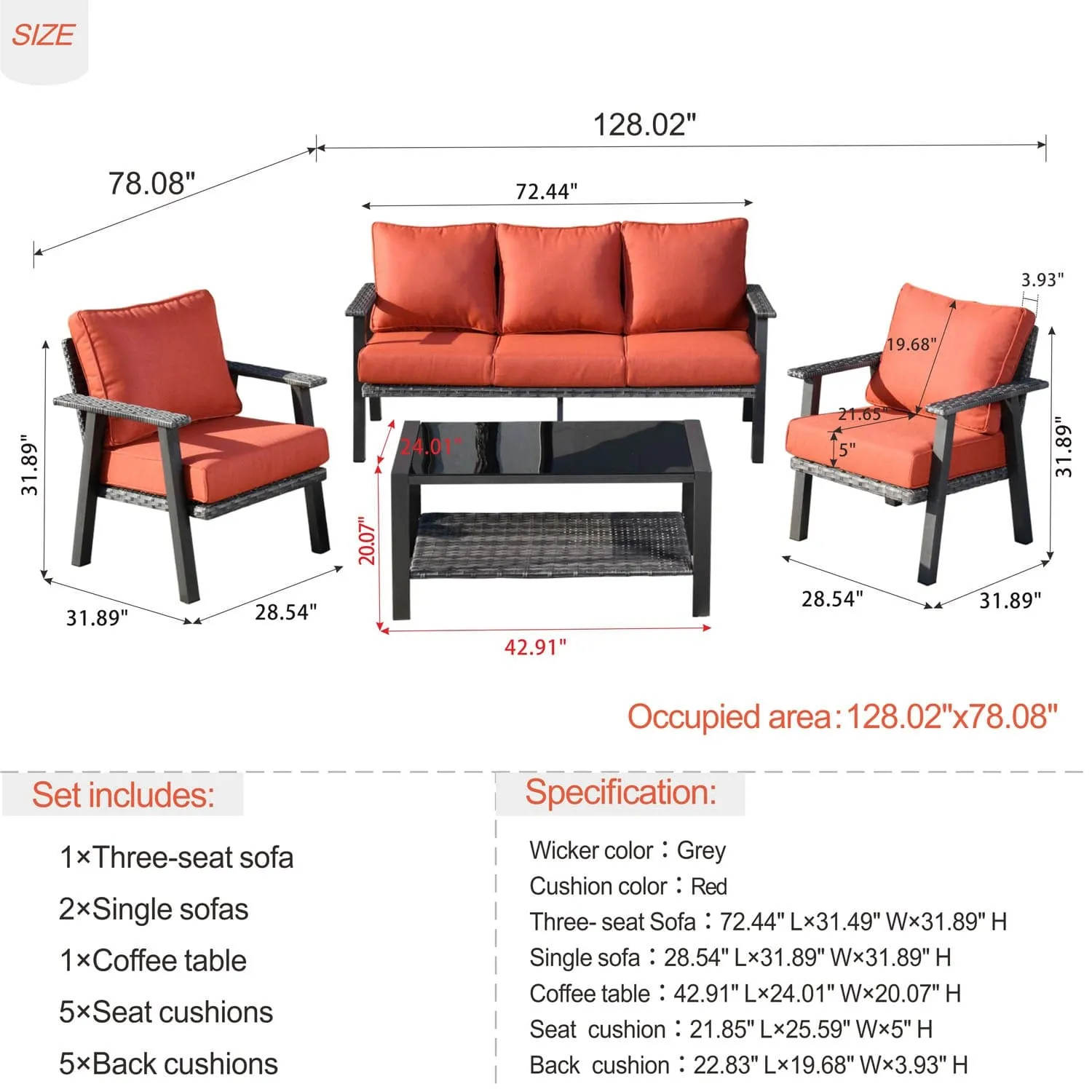 Ovios Patio Conversation Set 5 Person Seating with Table, 5'' Cushion, Olefin Fabric