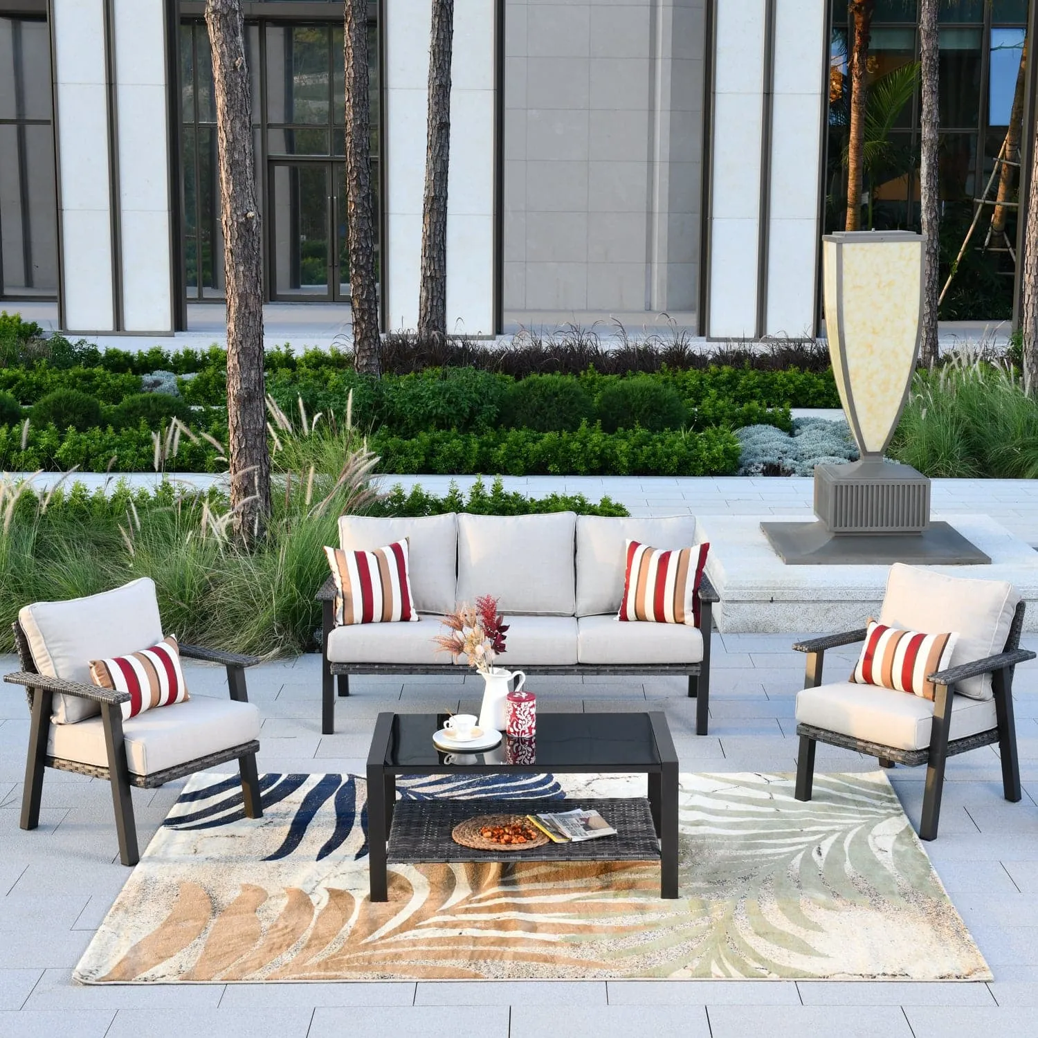 Ovios Patio Conversation Set 5 Person Seating with Table, 5'' Cushion, Olefin Fabric