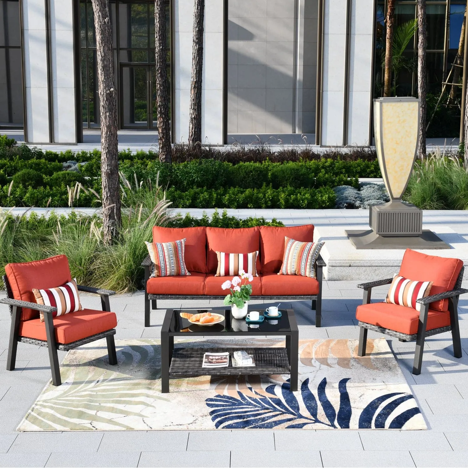 Ovios Patio Conversation Set 5 Person Seating with Table, 5'' Cushion, Olefin Fabric