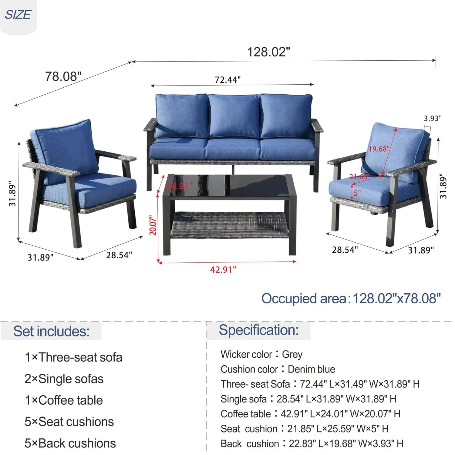 Ovios Patio Conversation Set 5 Person Seating with Table, 5'' Cushion, Olefin Fabric