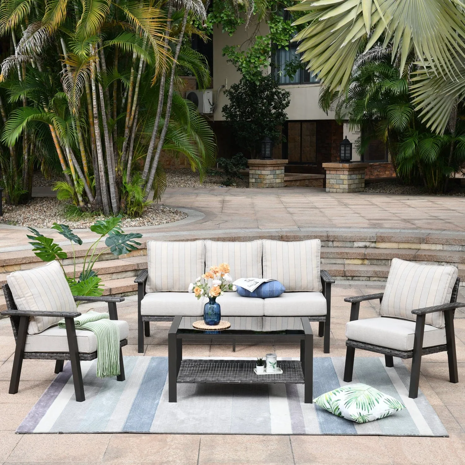 Ovios Patio Conversation Set 5 Person Seating with Table, 5'' Cushion, Olefin Fabric