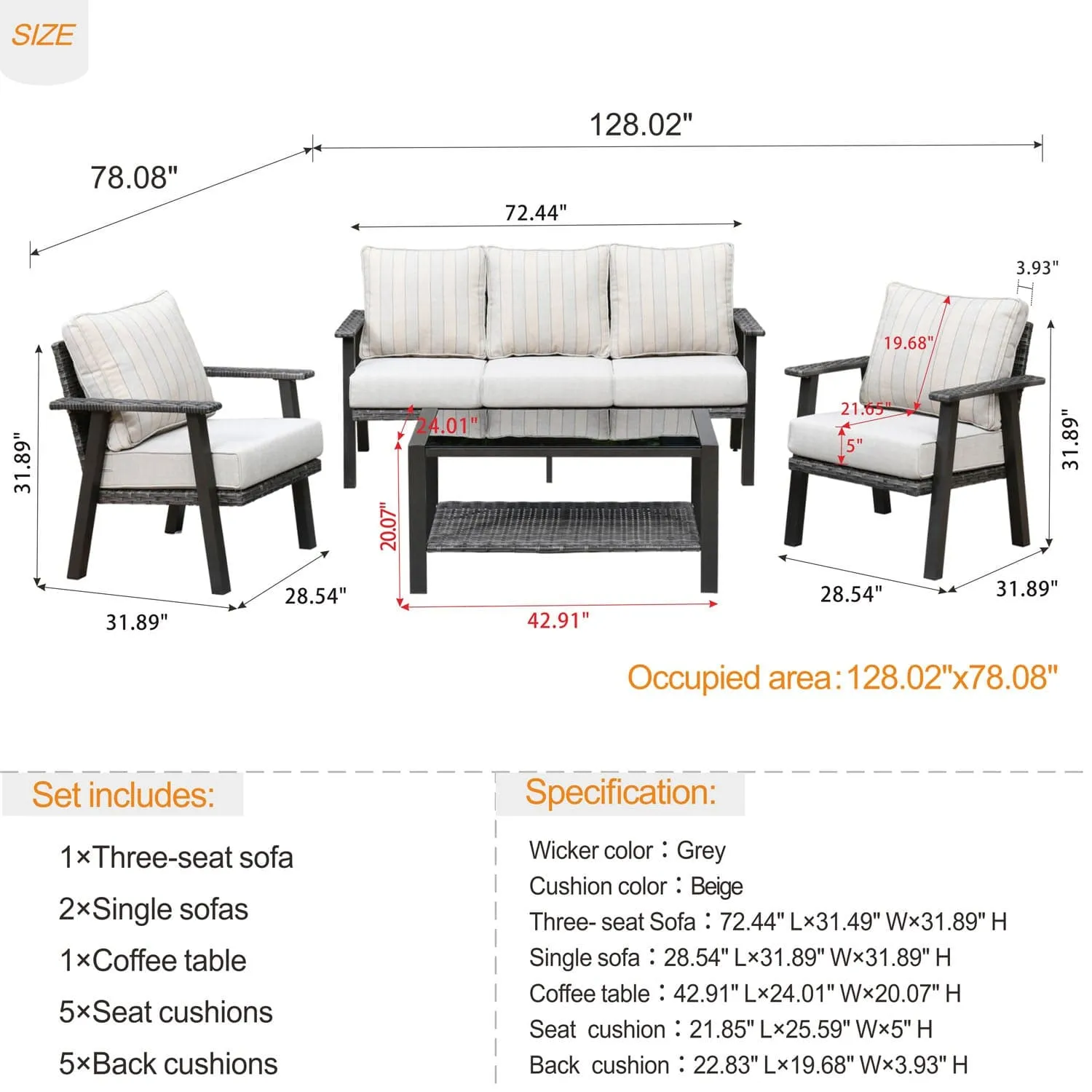 Ovios Patio Conversation Set 5 Person Seating with Table, 5'' Cushion, Olefin Fabric