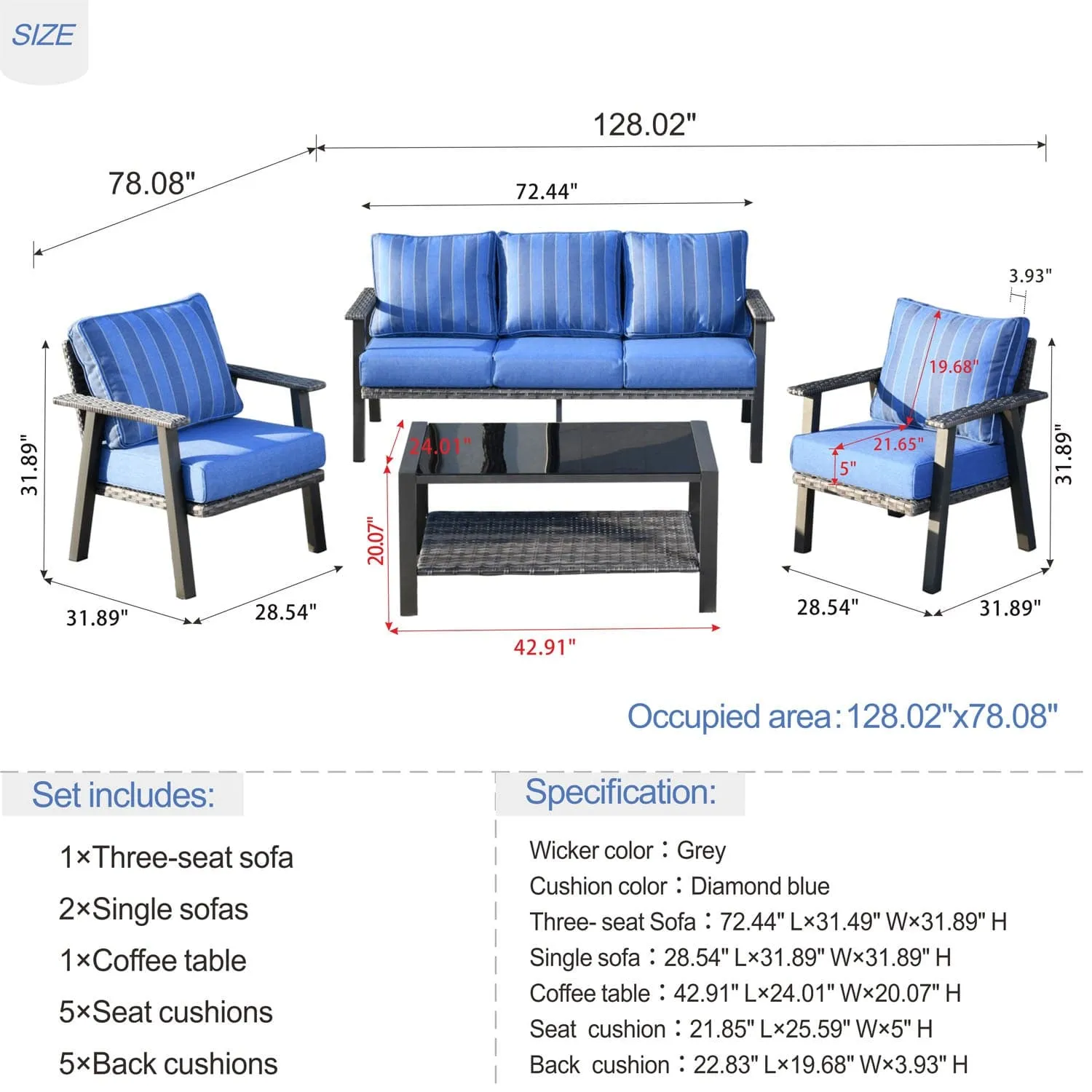 Ovios Patio Conversation Set 5 Person Seating with Table, 5'' Cushion, Olefin Fabric