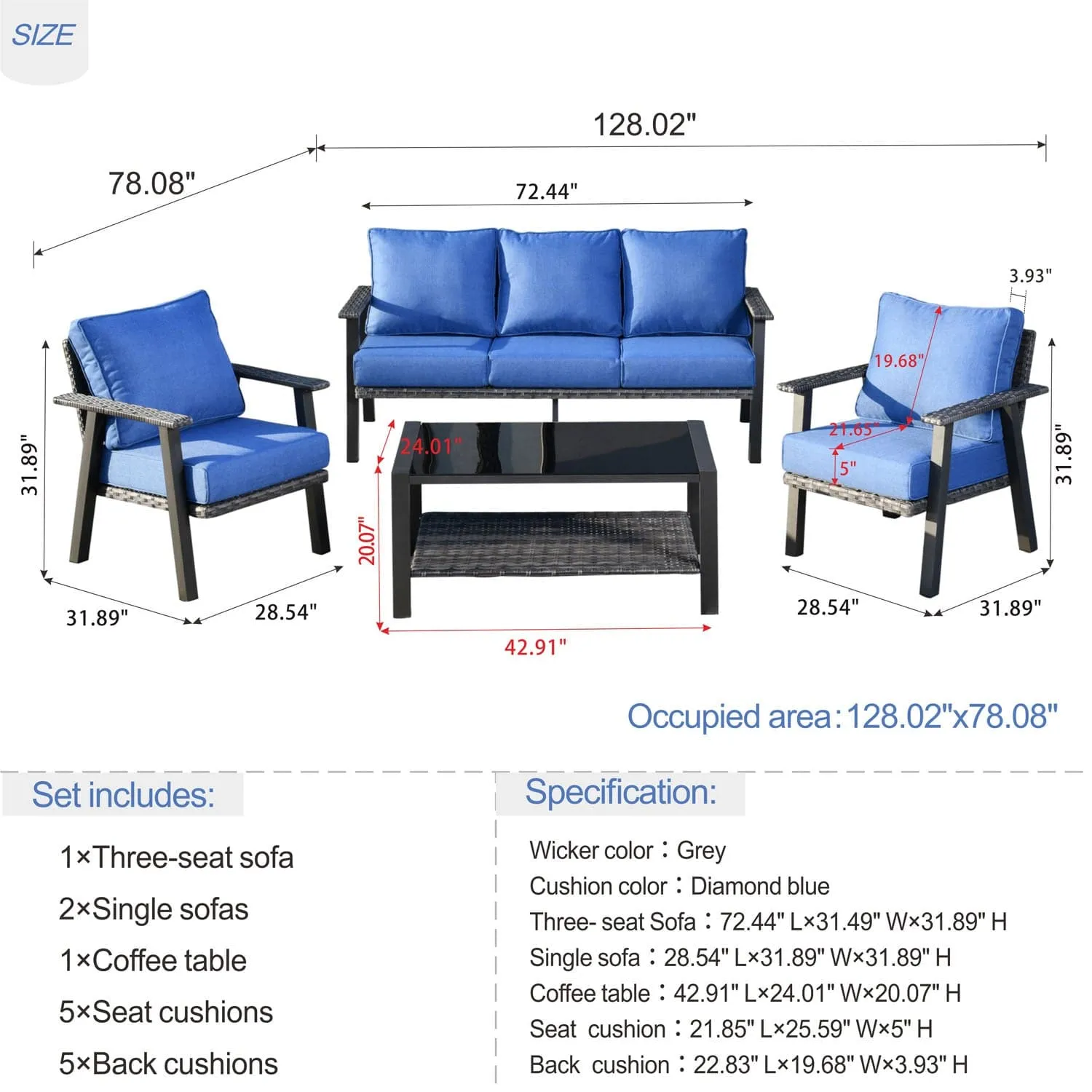 Ovios Patio Conversation Set 5 Person Seating with Table, 5'' Cushion, Olefin Fabric