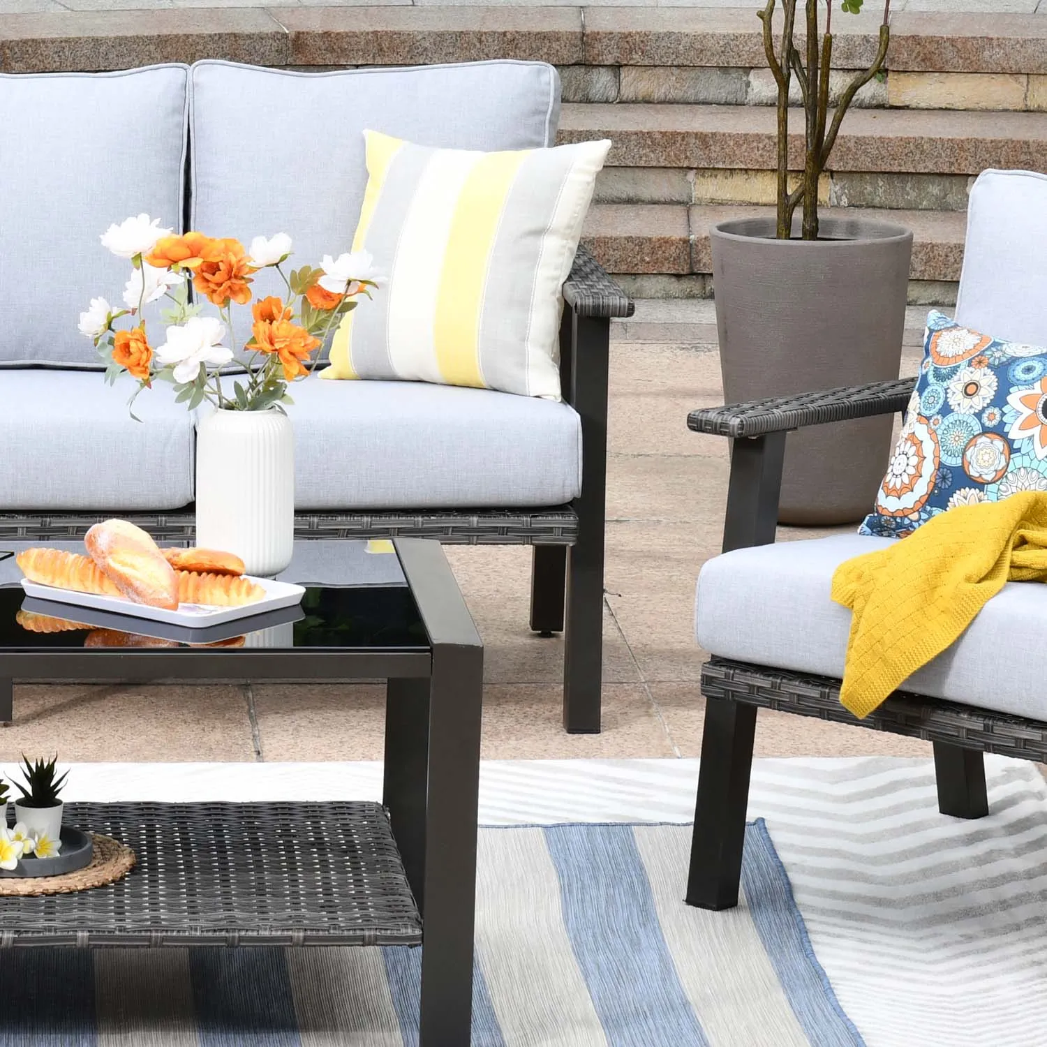 Ovios Patio Conversation Set 5 Person Seating with Table, 5'' Cushion, Olefin Fabric