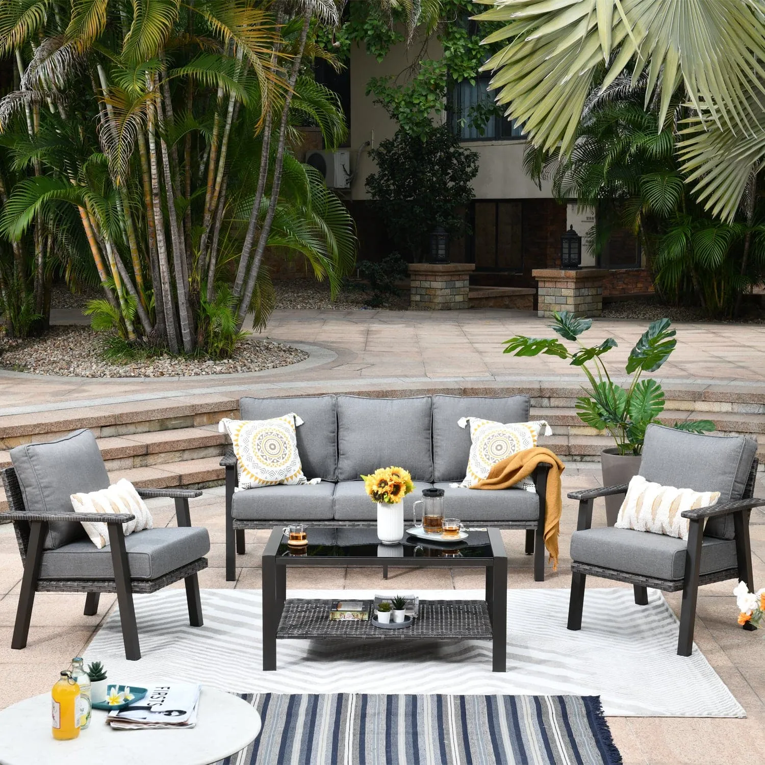 Ovios Patio Conversation Set 5 Person Seating with Table, 5'' Cushion, Olefin Fabric