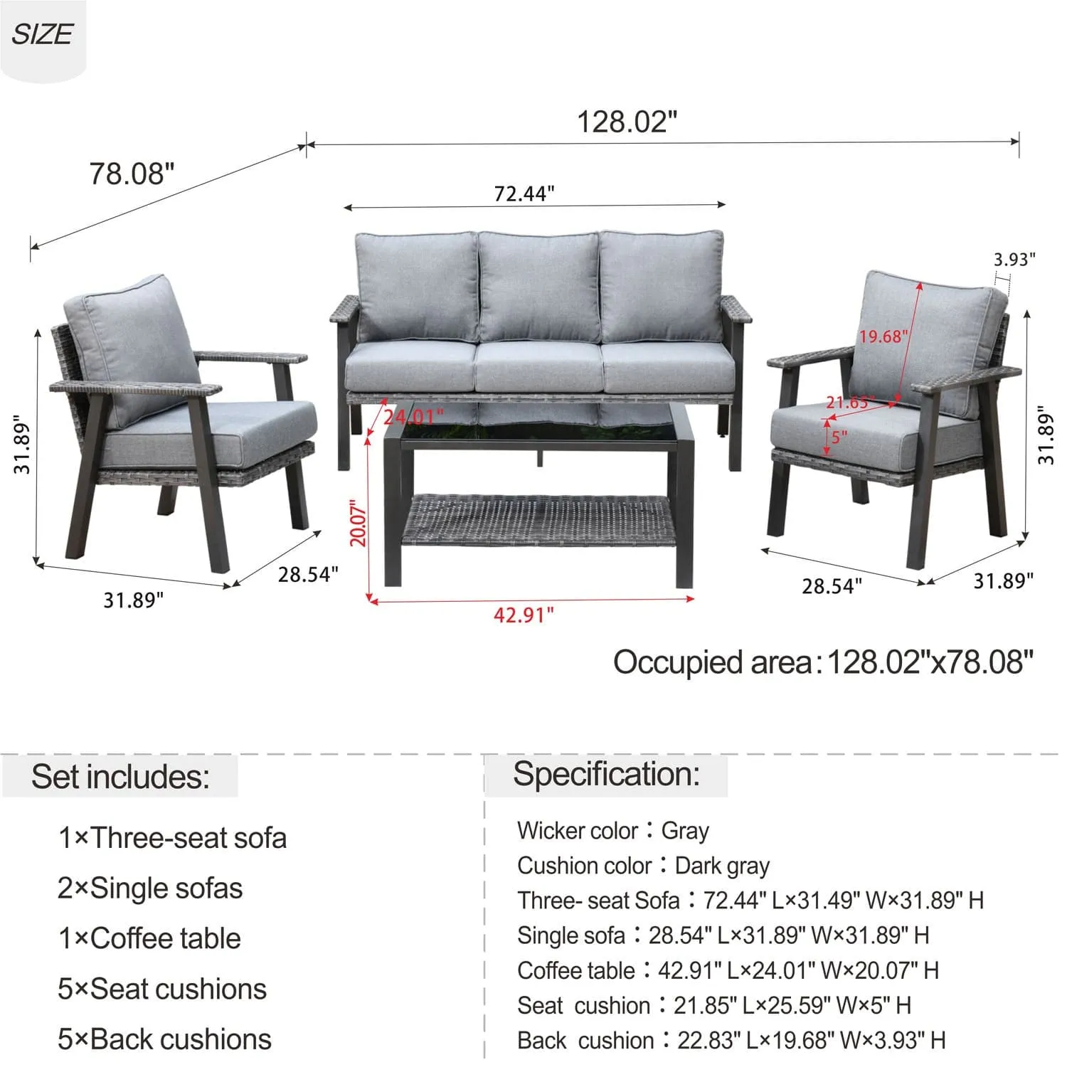 Ovios Patio Conversation Set 5 Person Seating with Table, 5'' Cushion, Olefin Fabric