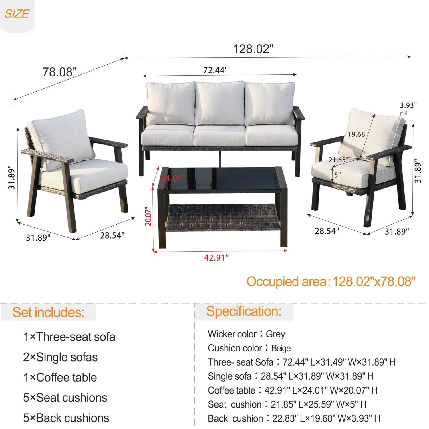 Ovios Patio Conversation Set 5 Person Seating with Table, 5'' Cushion, Olefin Fabric