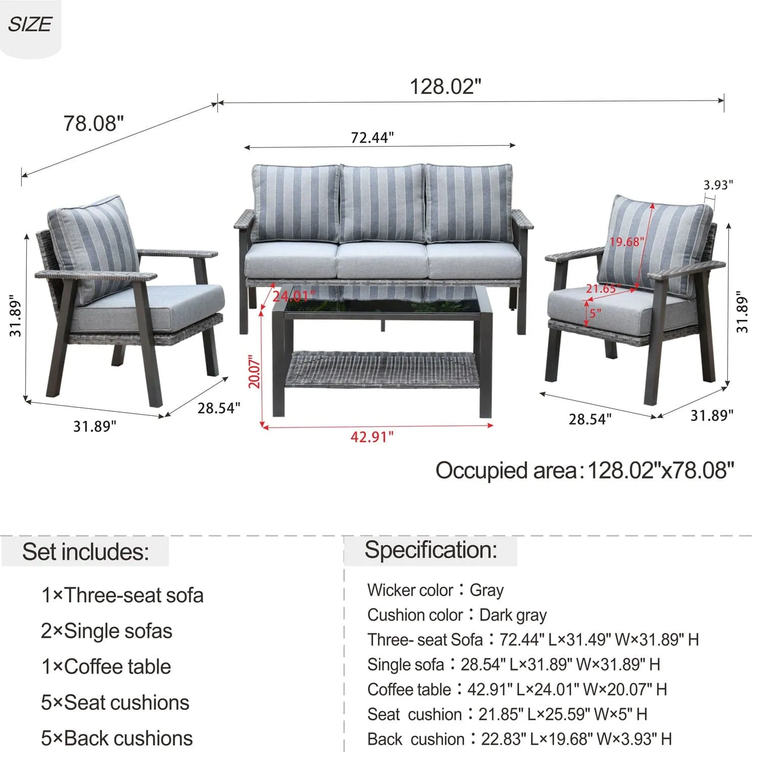 Ovios Patio Conversation Set 5 Person Seating with Table, 5'' Cushion, Olefin Fabric