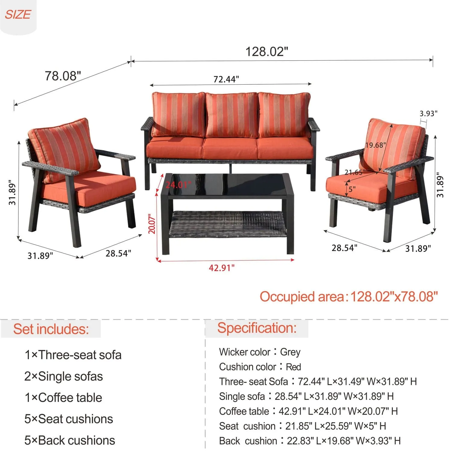 Ovios Patio Conversation Set 5 Person Seating with Table, 5'' Cushion, Olefin Fabric