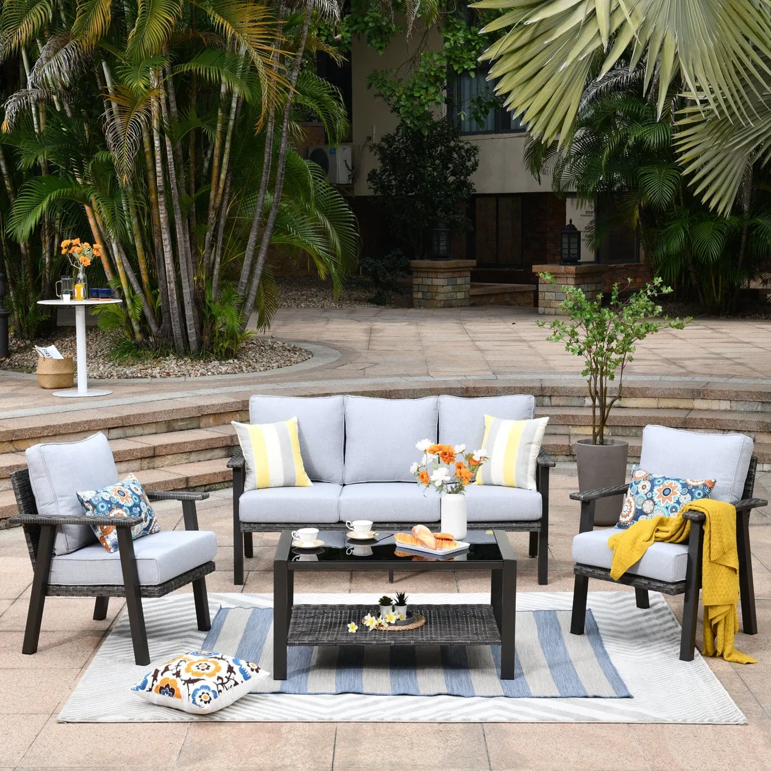 Ovios Patio Conversation Set 5 Person Seating with Table, 5'' Cushion, Olefin Fabric