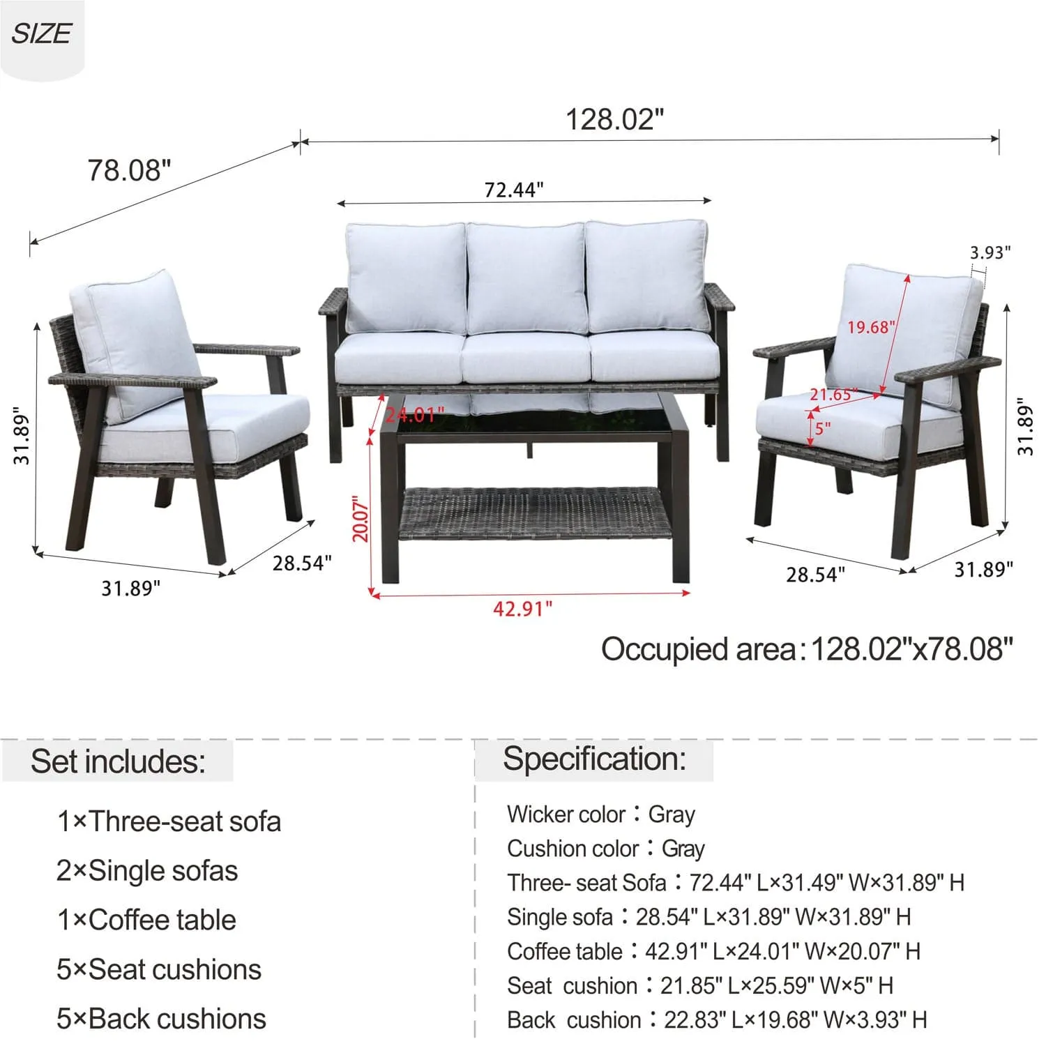 Ovios Patio Conversation Set 5 Person Seating with Table, 5'' Cushion, Olefin Fabric