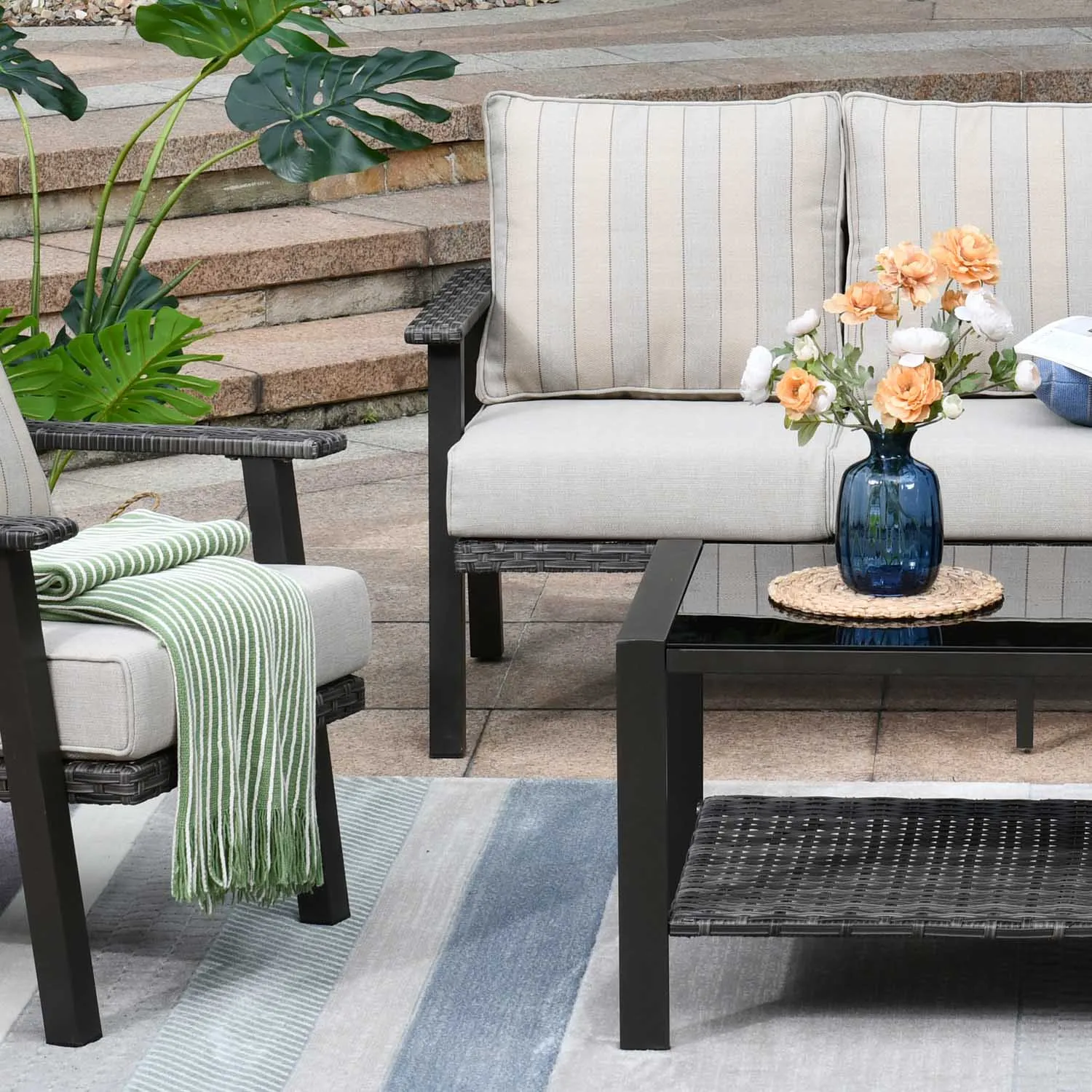 Ovios Patio Conversation Set 5 Person Seating with Table, 5'' Cushion, Olefin Fabric