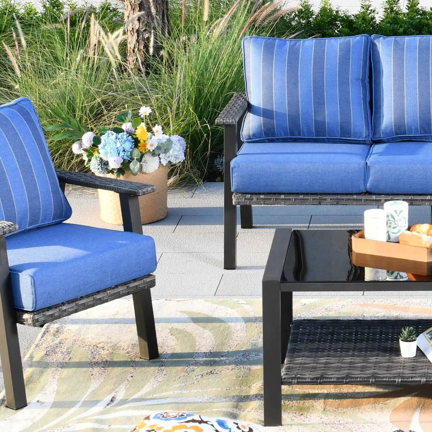 Ovios Patio Conversation Set 5 Person Seating with Table, 5'' Cushion, Olefin Fabric