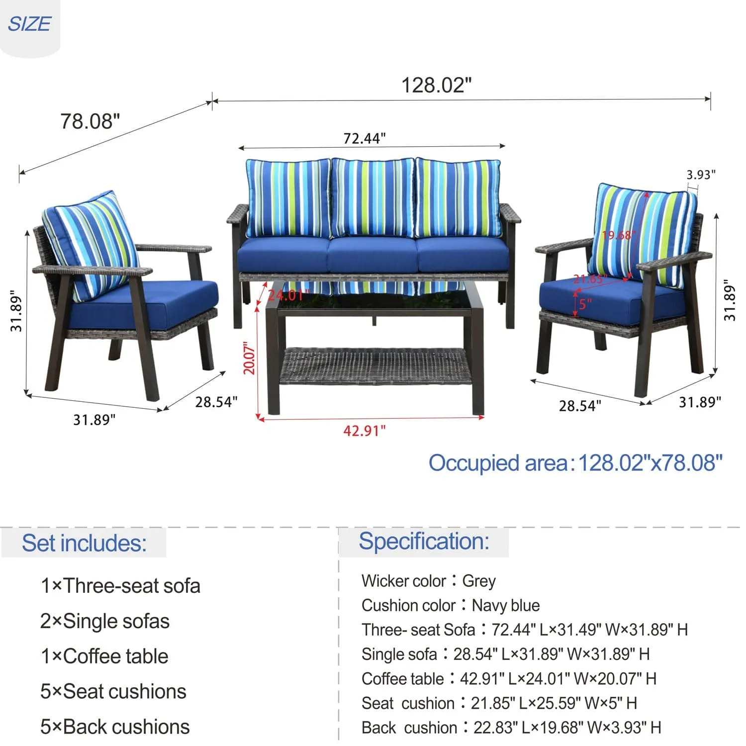 Ovios Patio Conversation Set 5 Person Seating with Table, 5'' Cushion, Olefin Fabric