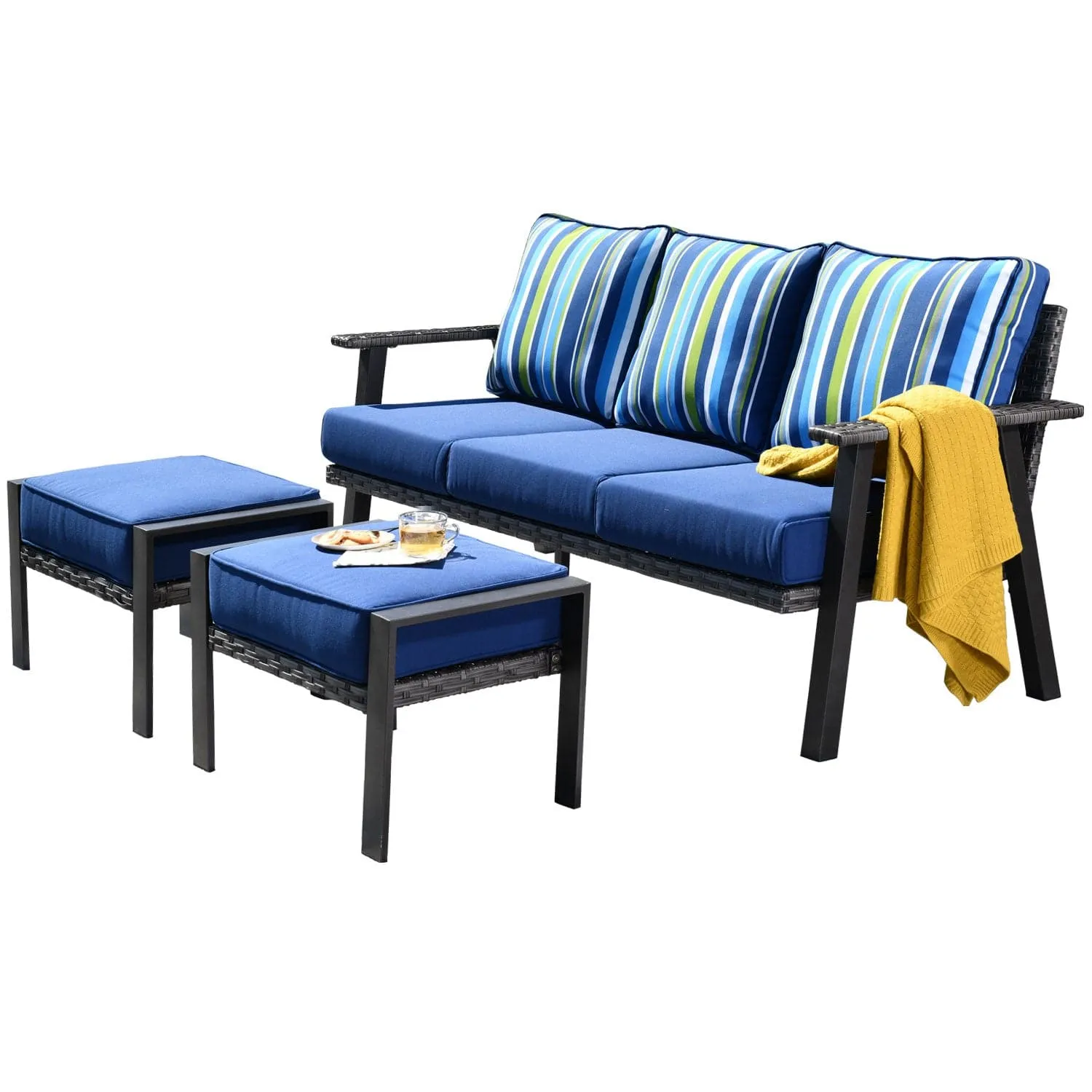 Ovios Patio Conversation Set 5 Piece with 2 Ottoman and 5'' Cushion, Olefin Fabric