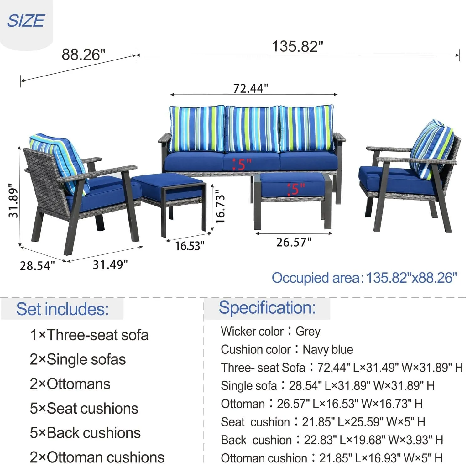 Ovios Patio Conversation Set 5 Piece with 2 Ottoman and 5'' Cushion, Olefin Fabric