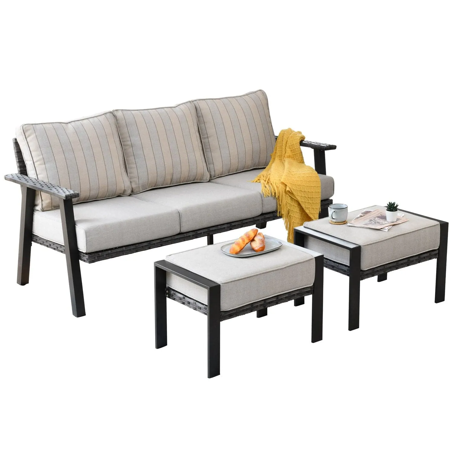 Ovios Patio Conversation Set 5 Piece with 2 Ottoman and 5'' Cushion, Olefin Fabric